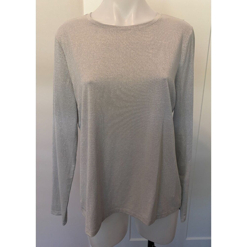 Talbots Womens Knit TOP Long Sleeve Gray Silver Round Neck Glitter Size L